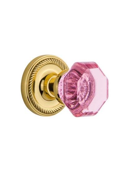 Rope Rosette Door Set with Colored Waldorf Crystal Glass Knobs Pink in Polished Brass.